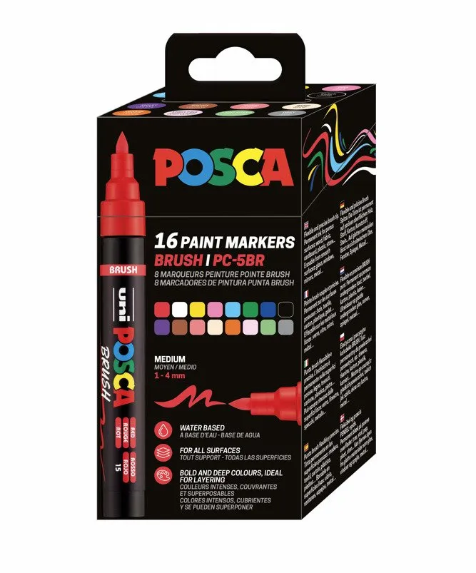 POSCA PC-5M PENSE - med 16 stk. assorterte farger - vendbar penselspiss