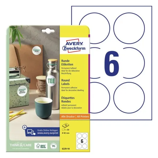 Avery 6229-10, Hvit, Rund, Permanent, A4, Universal, 8 cm