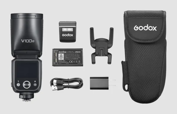 Godox V100, 1,7 sek./side, trådløs tilkobling, 32 kanaler, 616 g, kompaktblits (SONY)