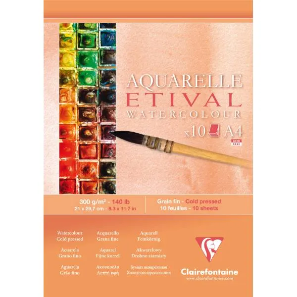 Clairefontaine Etival Akvarelblok A4,10 ark, 300gram, Cold Pressed, Toplimet med kraftigt kartonbagside
