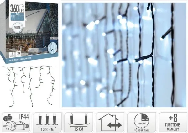Koopman JULELYS UTENDØRS LYS GARDIN 360 LED KONTROLLER KALDT TIMER HVIT GRØNN KABEL