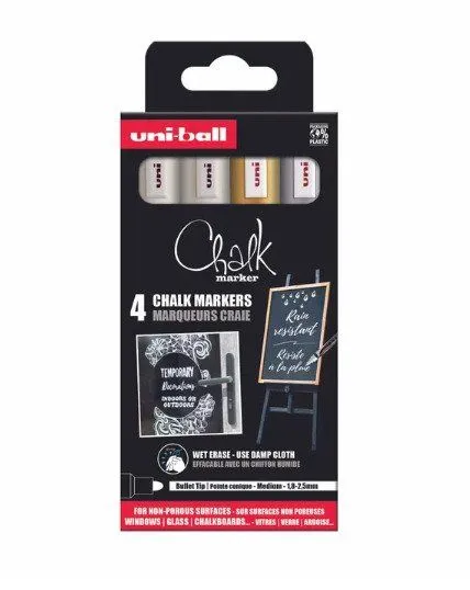 Uni Chalk marker sæt 4 stk PWE 5 ( 2xwhite, gold, silver)