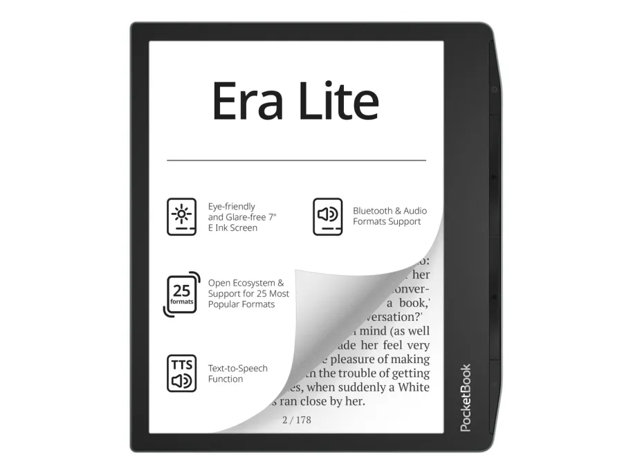 PocketBook Era Lite, 17,8 cm (7), 1264 x 1680 piksler, ACSM, AZW, AZW3, CBR, CBZ, CHM, DjVu, DOC, DOCX, EPUB, FB2, FB2.ZIP, HTM, HTML, MOBI, PDF, PRC,..., MP3, OGG, FLAC, M4A, M4B, JPEG, BMP, PNG, TIFF, 16 GB