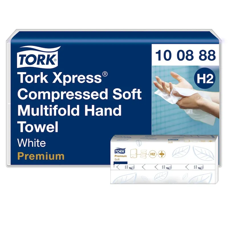 Tork Premium H2 M-Fold 2-lags komprimerte jomfrufiberhåndklær, hvite - (12 pakker x 170 stk.)