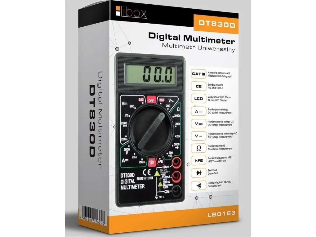 Libox Universalmåler DT830D LB0163, LCD, 16 x 48 mm, 3,5 cifre, Batteri, AAA, Alkalisk