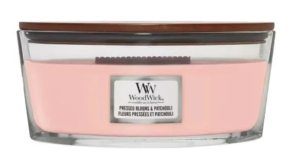 WoodWick Pressed Blooms & Patchouli, Ellipse, Rose, Nellik, Cedarwood, Einer, Mose, Appelsinblomst, Patchouli, Tuberose, Vetiver, 1 stk.