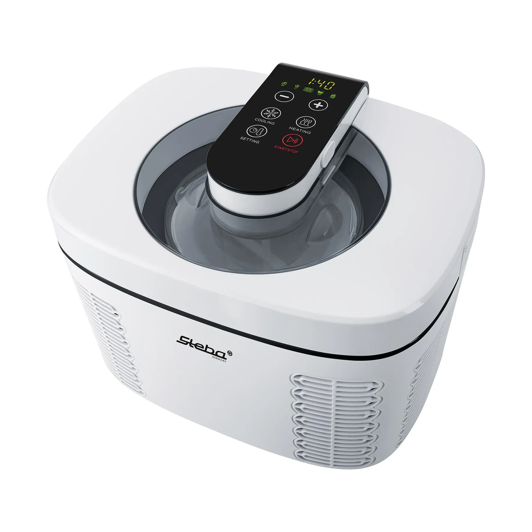 Steba IC 110, Milkshakemaskin (iskrem), 1,2 l, 2 boller, -18 - 50 °C, LCD, Plastikk