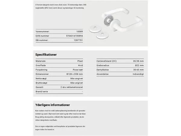 U-formet dørgreb i hvid med 6 mm click roset. Til indvendige døre. Inkl. nøgleskilte (Ø52 mm), skruer og bøsninger til montering.