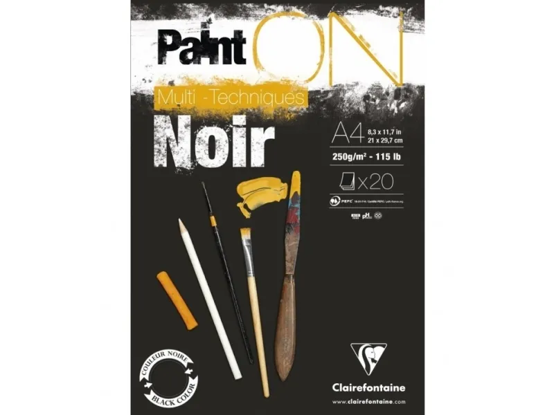 Paint-On Blok A4 250gram 20 ark sort papir, multi teknik, toplimet