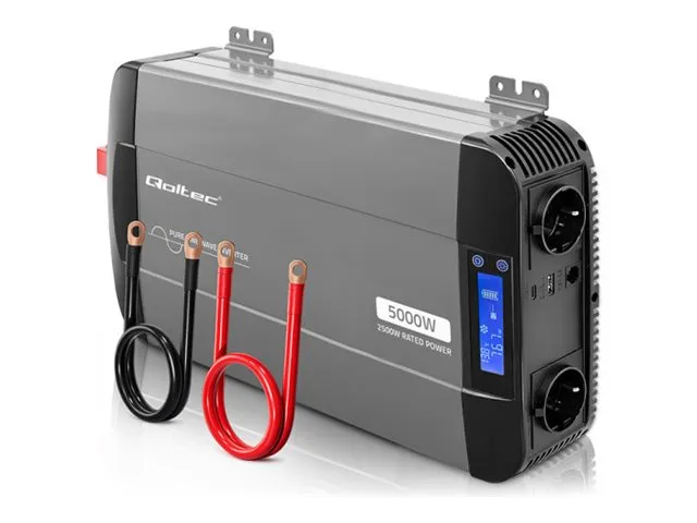 Qoltec – DC-til-AC-omformer – ren sinuskurve, LCD, USB, USB-C, kompatibel med LiFePO4, GEL og AGM – AC 230 V / DC 12 V - 5000 watt - RS-485 - utgangskontakter: 2 – svart, grå