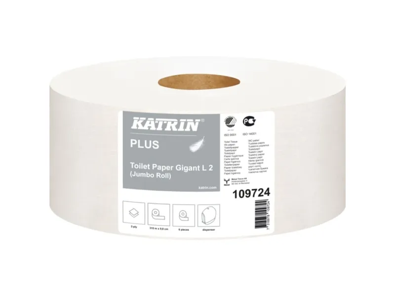 Toiletpapir Jumbo, Katrin, Plus Gigant M, 2 lag, hvid x 310.00m kasse a 6 ruller