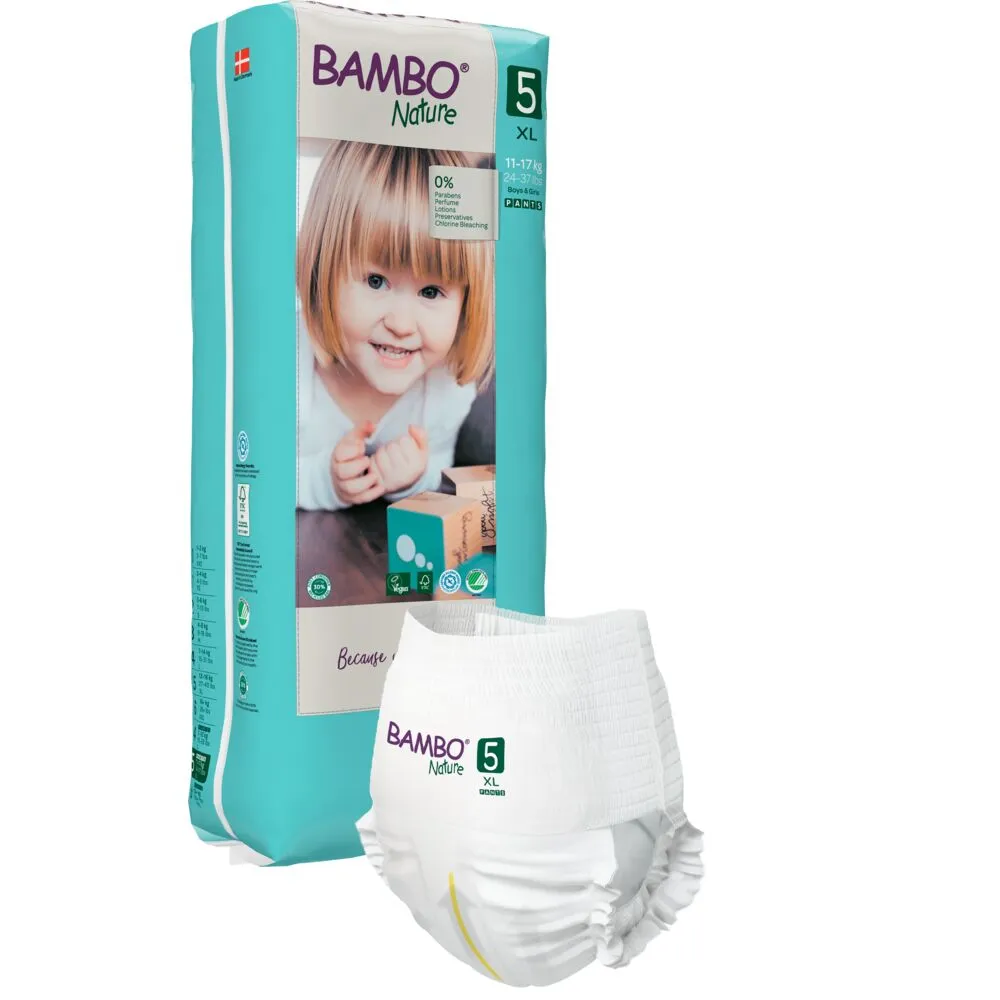 Babybleie, buksebleie, miljømerket, Bambo Nature Pants, 5, høy pakke, (Tall), 11-17 kg - (3 pakker x 38 stk.)