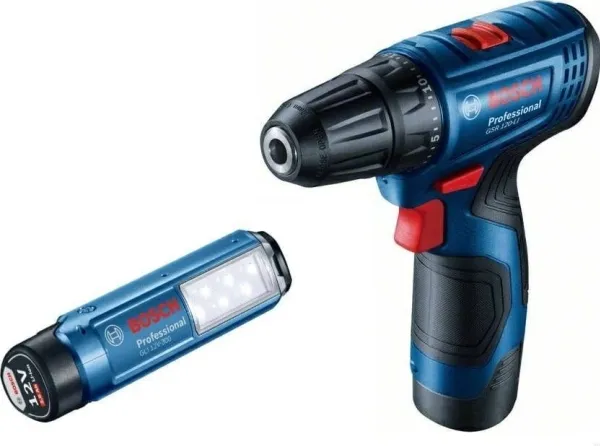 BOSCH skrumaskin/suge-? GSR 120-LI 12V 30/14Nm 2x2,0Ah. koffert + lyskaster GLI 12V-300