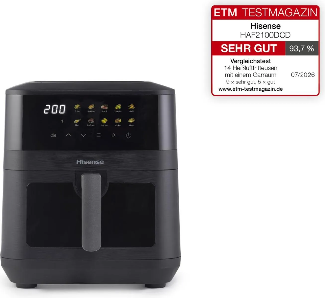 Hisense HAF2100DCD - Varmluftsteker - 7.7 liter - 2100 W - svart