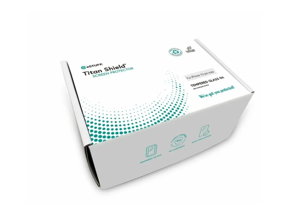 eSTUFF Titan Shield - Skjermbeskyttelse for mobiltelefon - full deksel - glass - rammefarge svart (en pakke 50) - for Apple iPhone 15 Pro Max