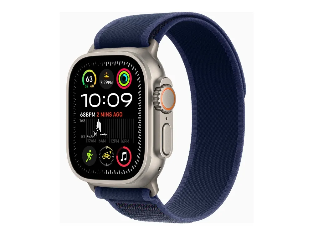 Apple Watch Ultra 2 - 49 mm - naturlig titan - smartklokke med Trail Loop - nylonvev - blå - båndbredde: S/M - 64 GB - LTE, Wi-Fi 4, UWB, Bluetooth - 4G - 61.4 g