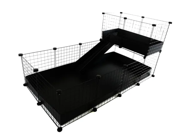 C&C modulbur, en-etasjes 4x2 + Loft 2x1 + Rampe, svart, for marsvin, 149cm x 77cm