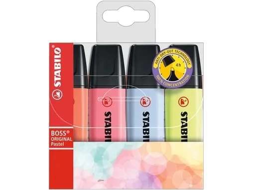 STABILO Boss Original Pastel, 4 stykker, Flerfarget, Meisel tupp, Flerfarget, Plast, Rektangel