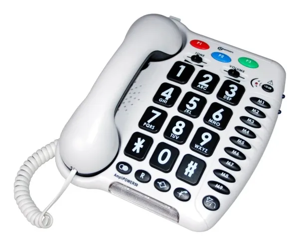Geemarc Telecom AmpliPOWER 50, Analog/DECT-telefon, Kablet og trådløst håndsett, Høyttalertelefon, 50 oppføringer, Ringe-ID, Hvit