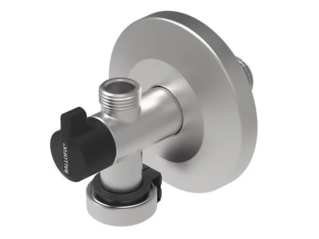 Broen Ballofix® rustfri dobbelt vinkelventil 3/4 x 1/2 x 3/8 med kontraventil, greb og roset