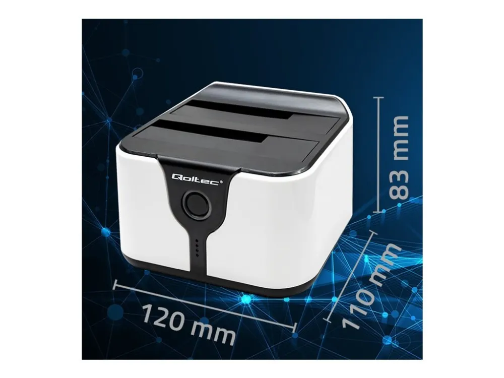 Qoltec - HDD / SSD-dokkestasjon - brønner: 2 - 2,5 / 3,5 delt - SATA 6Gb/s - USB 3.0 - svart, hvit