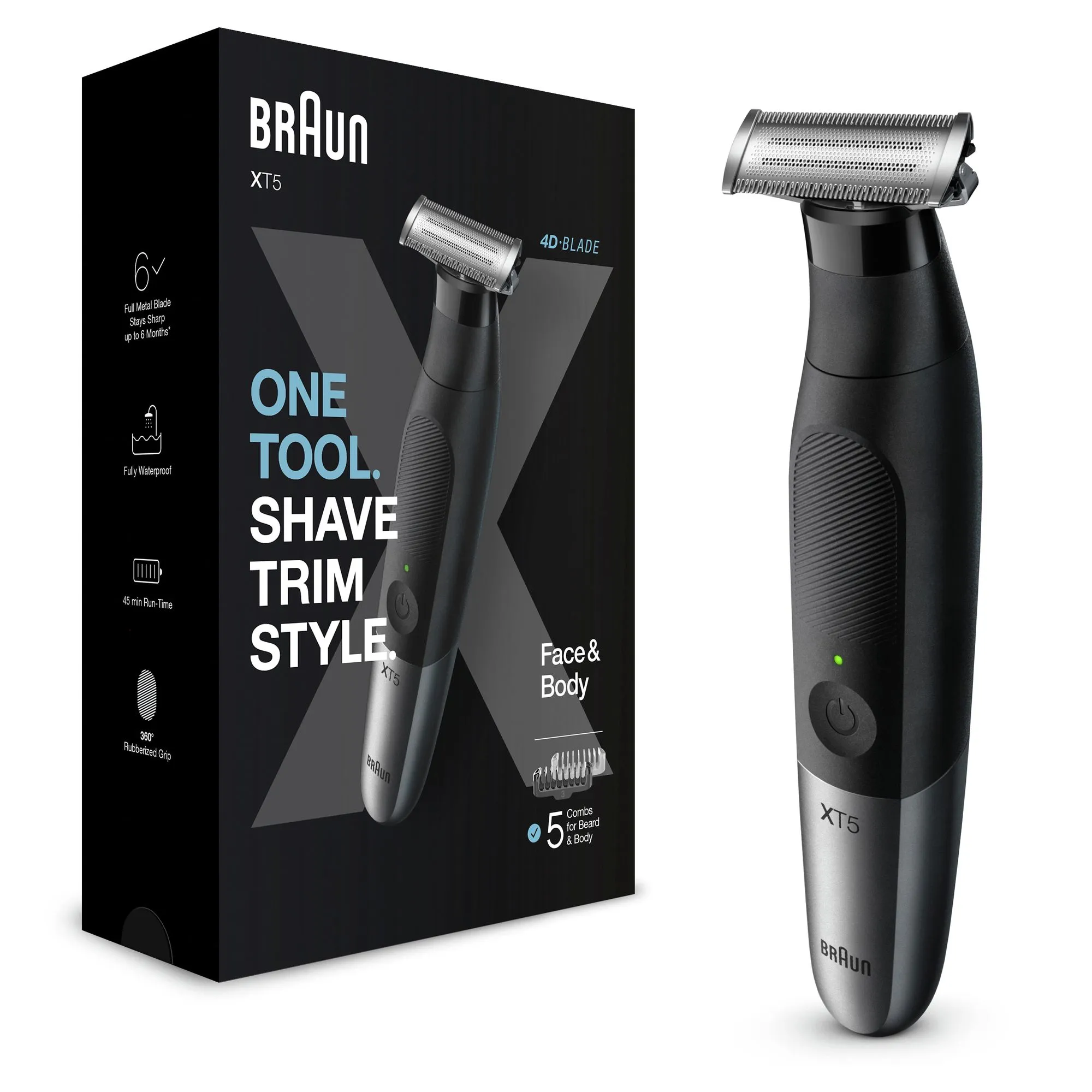 Skjeggtrimmer Braun Series X Hybrid Trimmer XT5100 for ansikt og kropp med 4D fleksibelt blad, vanntett, 5 kammer