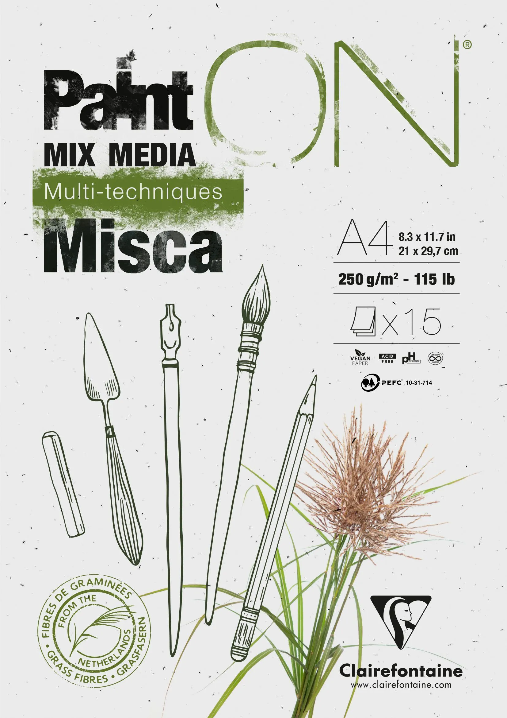 Paint-On Blok Misca A4, 250gram, 15 ark hvidt papir indeholder græs fibre, multi teknik papir, toplimet