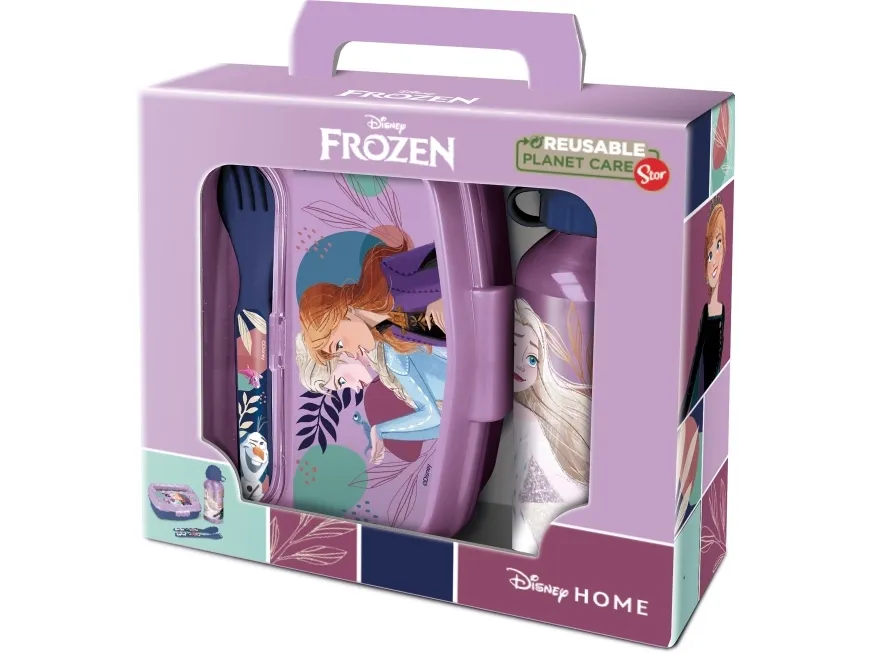 FROZEN 4-delt matboks/alu-flaske med skje+gaffel