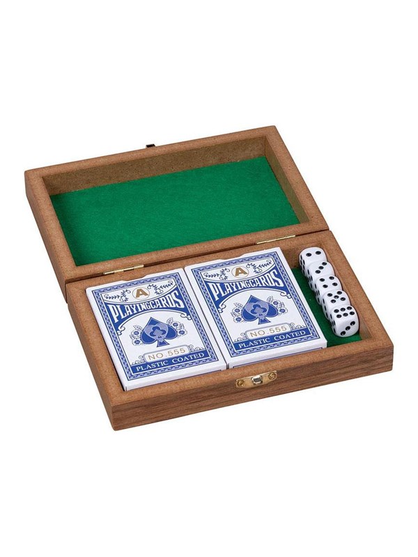 Goki Wooden Playing Card Box with 5 Dice and 2 Sets of cards