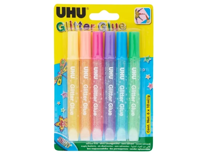 UHU Glitter Glue Shiny, Glitter lim, Flerfarget, 6 farger, Gutt/Jente, China, 6 stykker