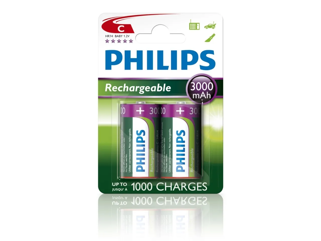 Philips Rechargeables Batteri R14B2A300/10, Oppladbart batteri, C, Nikkelmetallhydrid (NiMH), 1,2 V, 3000 mAh, Cd (kadmium), Hg (kvikksølv)