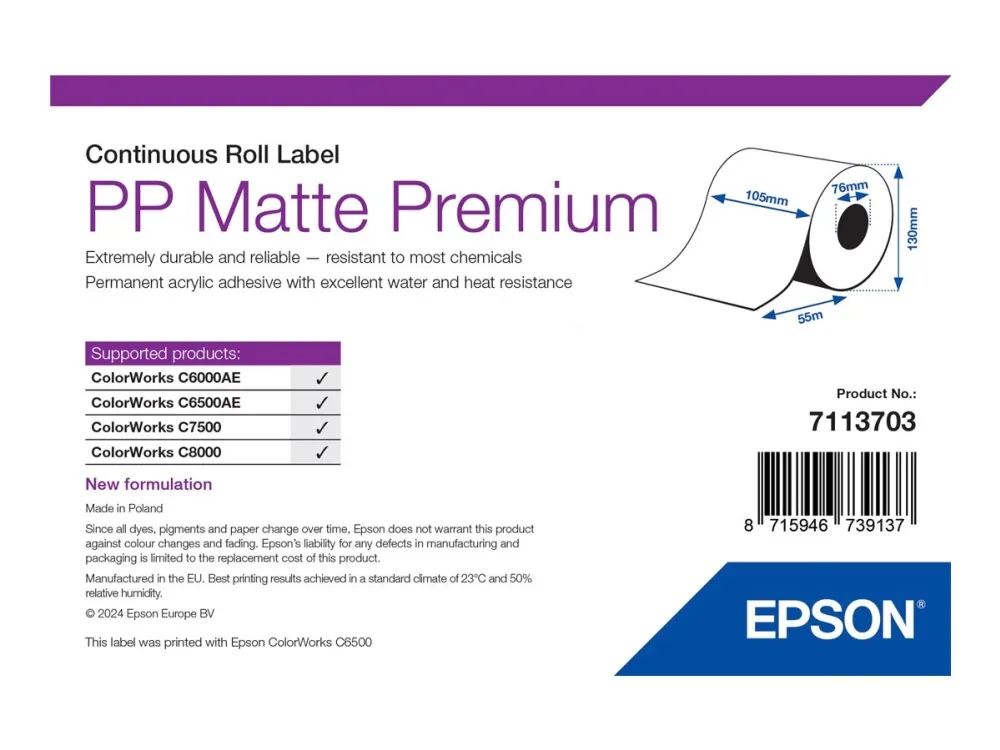 Epson Premium - Polypropylen (PP) - matt - permanent akryl-adhesiv - Rull (10,5 cm x 55 m) 1 rull(er) sammenhengende etiketter - for ColorWorks C7500, C7500G, C8000e (BK), C8000e (MK), CW-C6000Ae, CW-C6500Ae