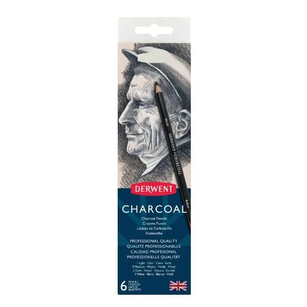 Derwent Charcoal - 6stk tin - Charcoal pencils light, medium, dark, white