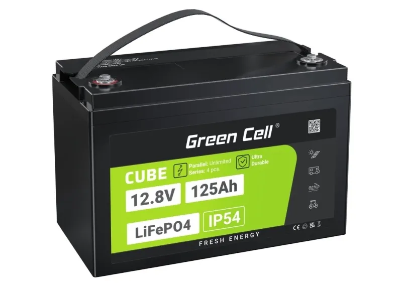 Green Cell Žalias Cell CUBE LiFePO4 125Ah 12,8V 1600Wh liio geležies fosfato baterija kemperiui, sauls energijai, neprijungtai prie tinklo, laivui, Lithium Iron Phosphate (LiFePO4), 12,8 V, 125 Ah, 1600 Wh, 10 år, 150 A
