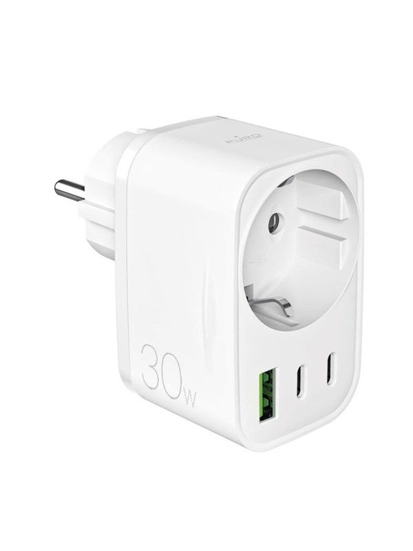 Puro 30W Power Delivery Charger with Schuko Plug and Socket 2x USB-C + 1x USB-A - White