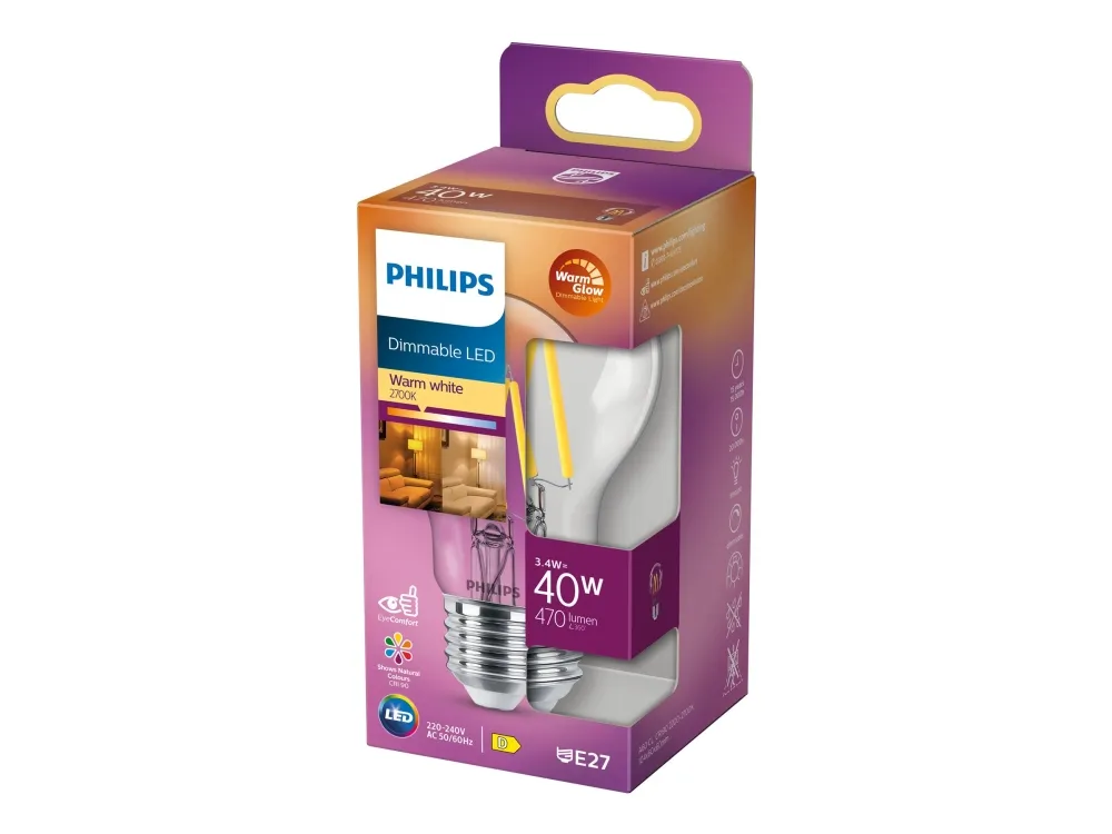 Philips - LED-filamentlyspære - form: A60 - klar finish - E27 - 3.4 W (ekvivalent 40 W) - klasse D - varmt hvitt lys - 2700 K
