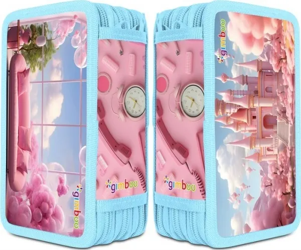 Pennal PBS Connect skolepenal GIMBOO med innhold, 3 rom sweet, rosa