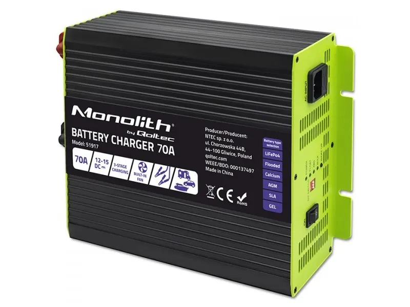 Qoltec Intelligent profesjonell Monolith-lader for LiFePO4 AGM GEL SLA-batterier | 70A | 12V | Rask lading