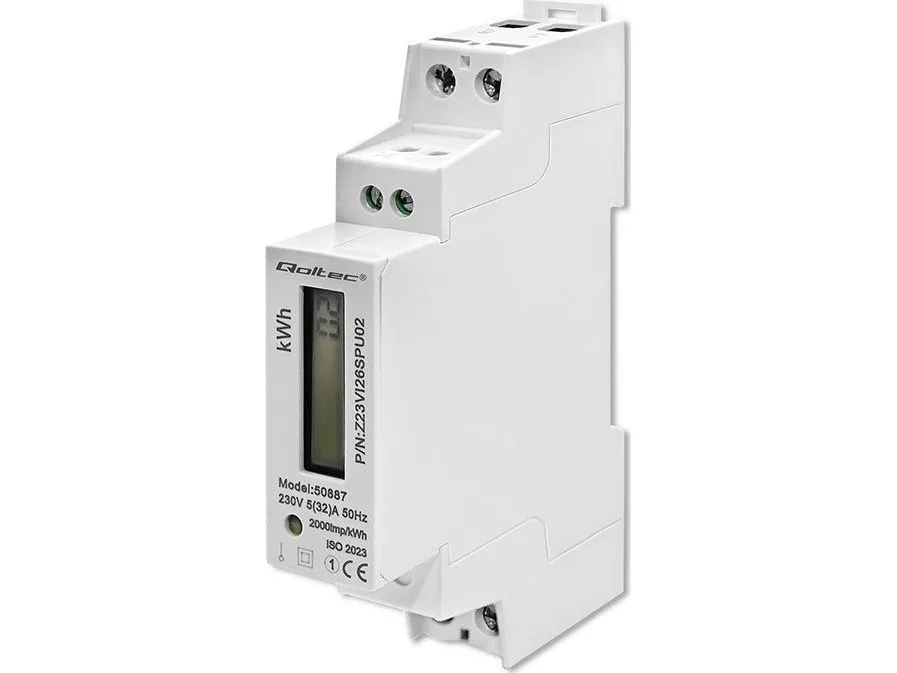 Qoltec enfase energimåler 230V, DIN-skinne, LCD, 1P, tynn
