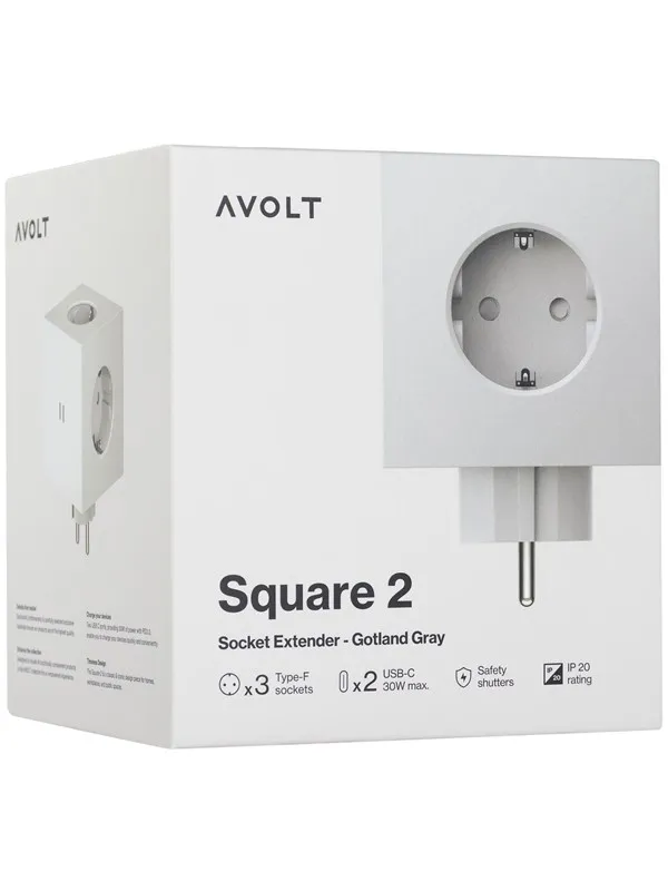 AVOLT Square 2 Socket extender with 30W Dual USBC Gotland Gray
