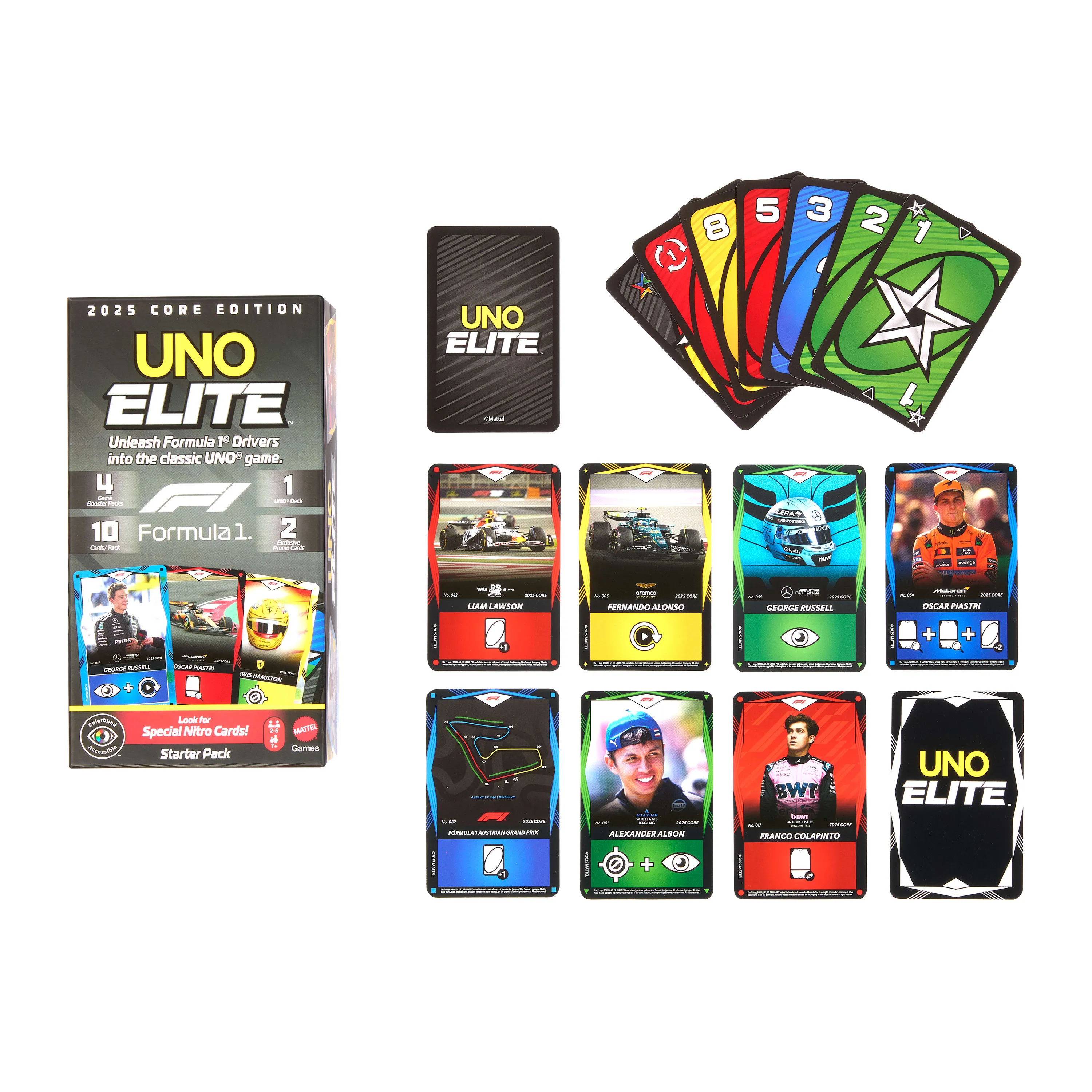 Mattel Games UNO Elite Formula 1 2025 Core Edition Starter Pack, Kort Spill, Shedding, 7 år