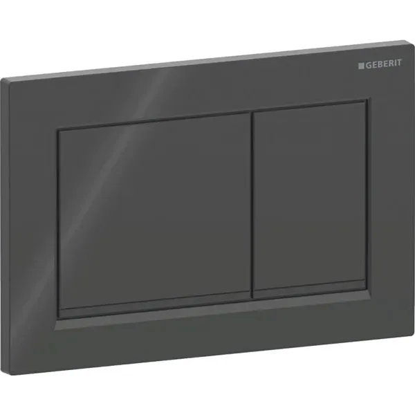 Geberit Omega30 betjeningsplate, kantet, dobbel spyling, Knapp: Blank svart, Designstriper: Matt svart