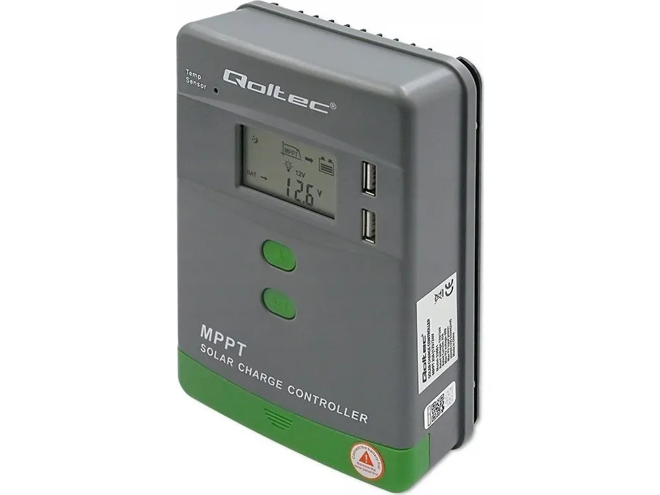Adapter solcellelader MPPT med temperatursensor 20A 12V/24V LCD 2 x USB Qoltec