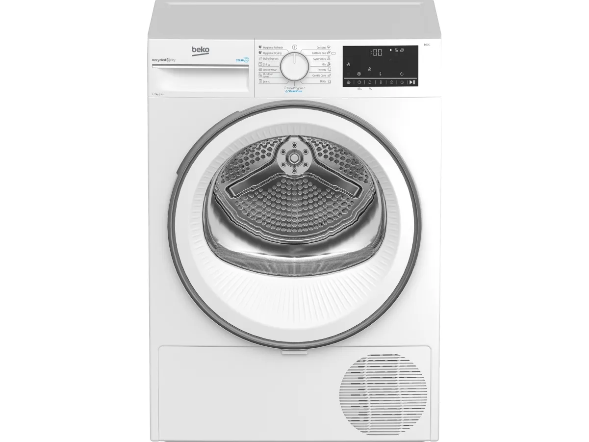 Beko B3T67230, Frittstående, Frontmatet, Varme pumpe, Hvit, Rotasjon, Rustfritt stål
