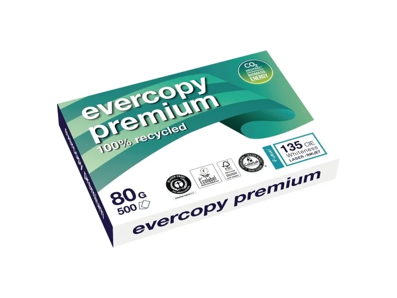 Kopipapir, Evercopy Premium, 80 g/m2, genanvendt, hvid, A3, pakke a 5 x 500 ark