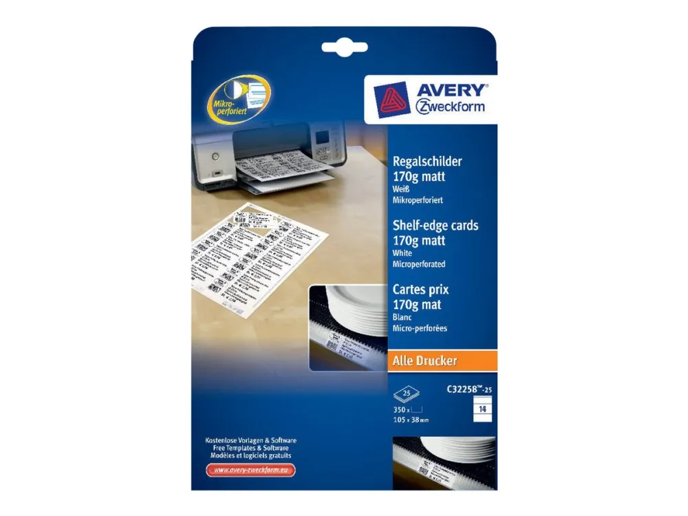 Avery Zweckform C32258-25 - Matt - perforert - matt hvit - 105 x 38 mm - 170 g/m² - 350 kort (25 ark x 14) kort