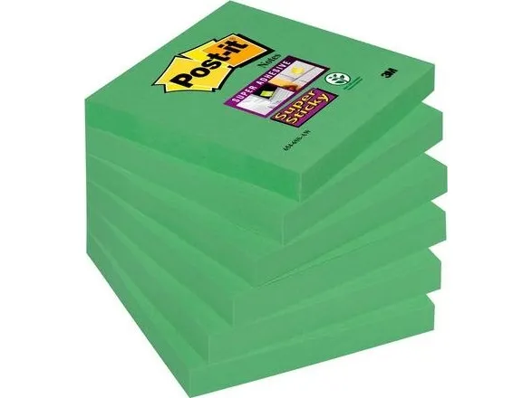 Staples POST-IT Bloczek SUPER STICKY 654-6SS-AW, stripet grønn, 76x76 mm, 90 ark, 6 stk