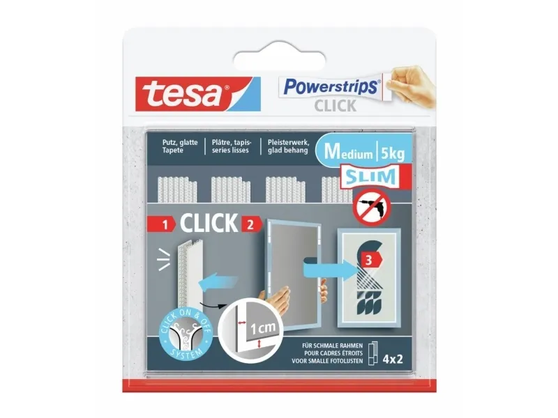 tesa Powerstrips CLICK borrelbånd MEDIUM Slim, hvit til montering av bilder og flate veggdekorasjoner, 1 stk. (77721-00030)