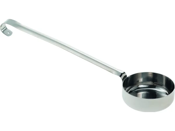 Stainless steel flat bottom dose ladle. 170 gr capacity