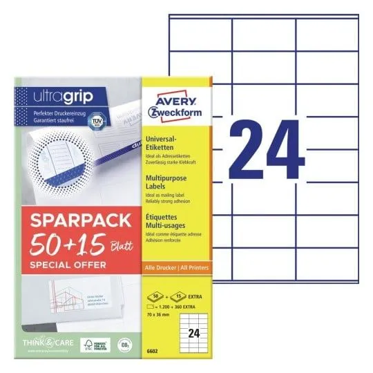 Universaletiketter Avery 70x36 mm, hvid med Ultragrip + 30% ekstra indhold - (65 ark x  24 stk.)